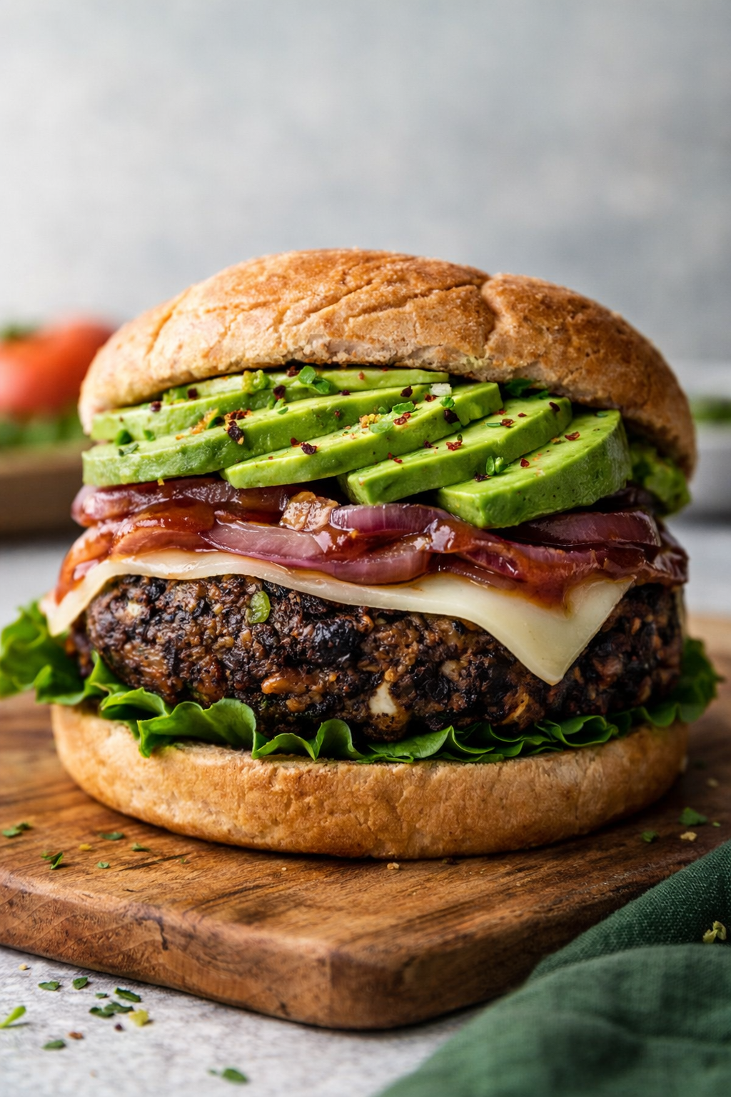 Fajita Spiced Black Bean Burgers with Avocado, Grilled Red Onions