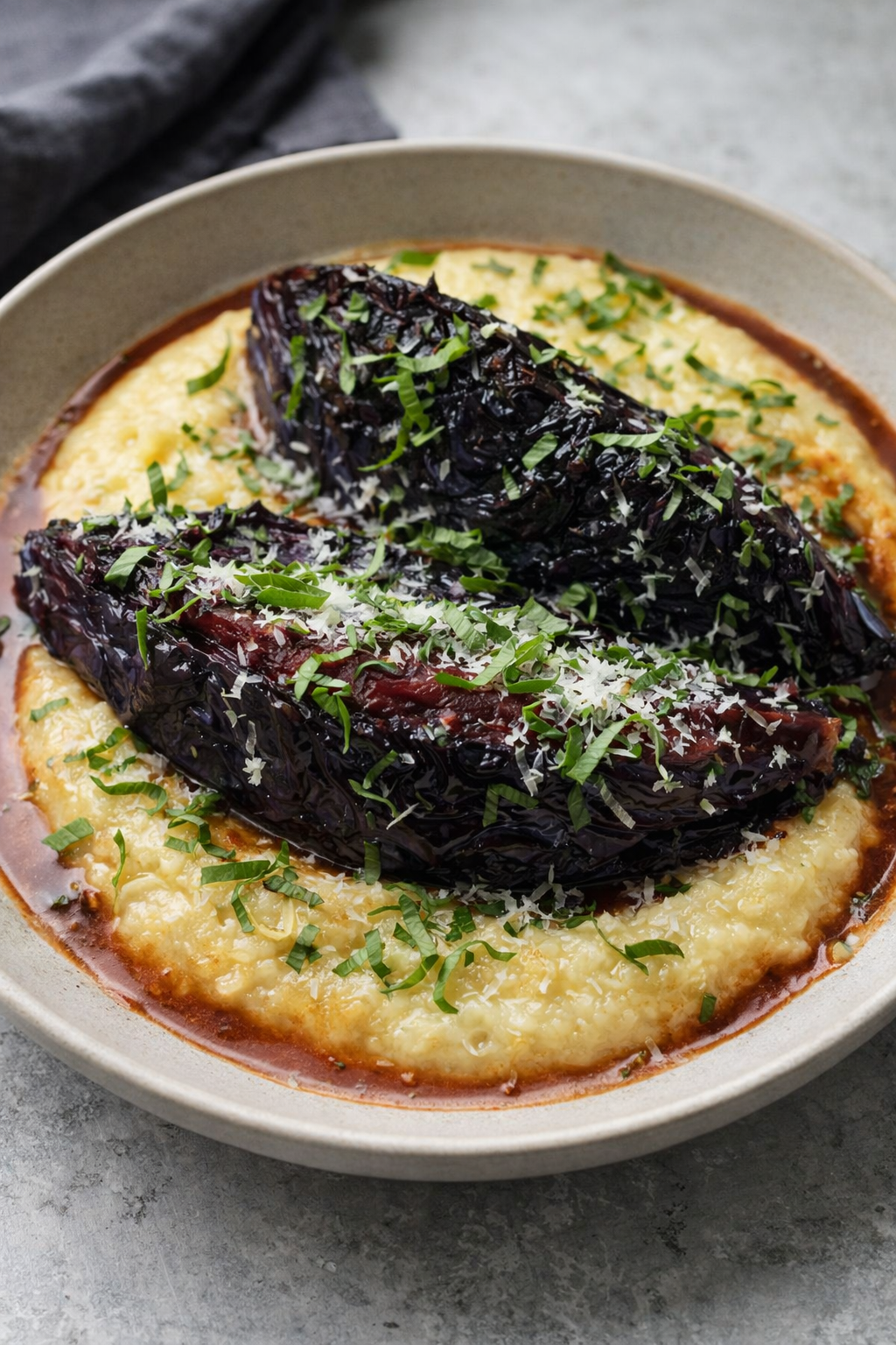 Red Wine Braised Purple Cabbage with Basil over Parmesan Honey Butter Polenta