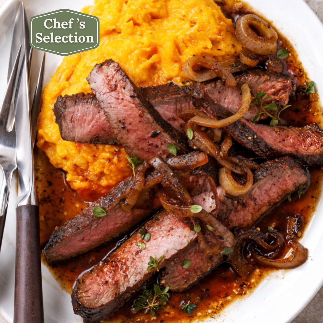 Sweet Potato Mash, Sirloin Steak and French Onion Gravy