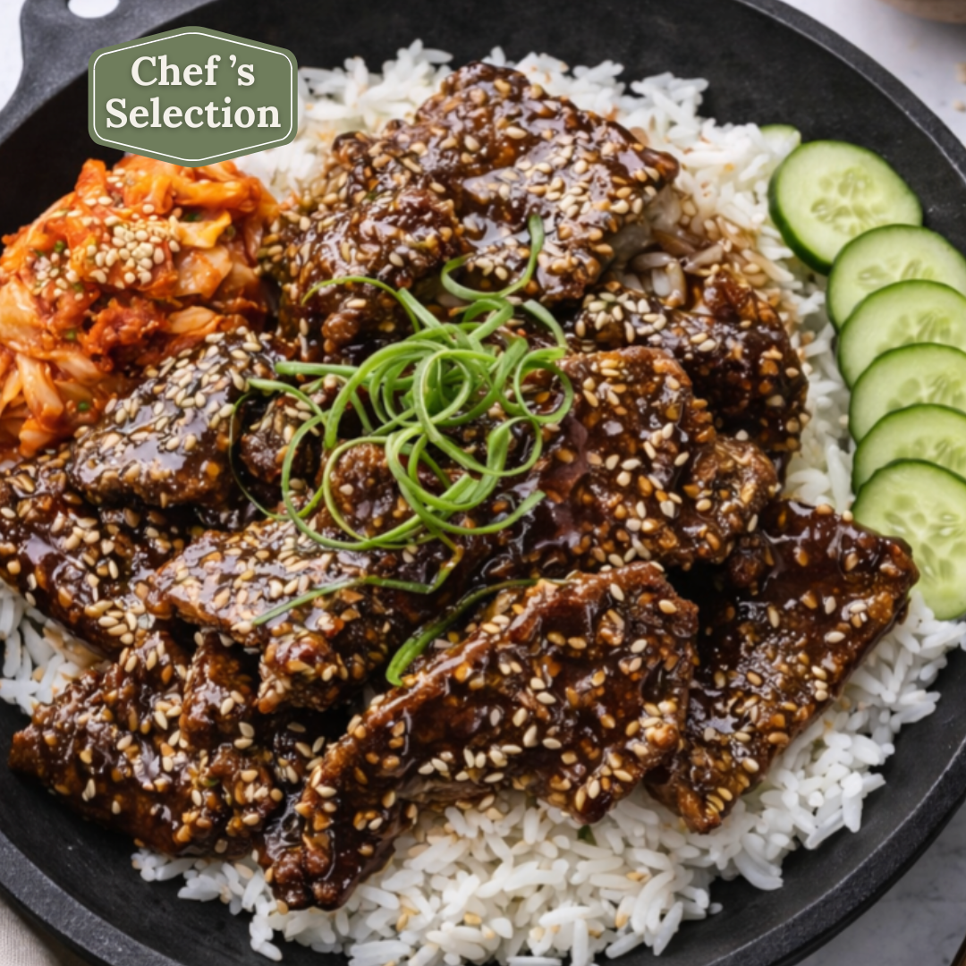 Sesame Beef Bowls with Kimchi, and Fresh Cucumber