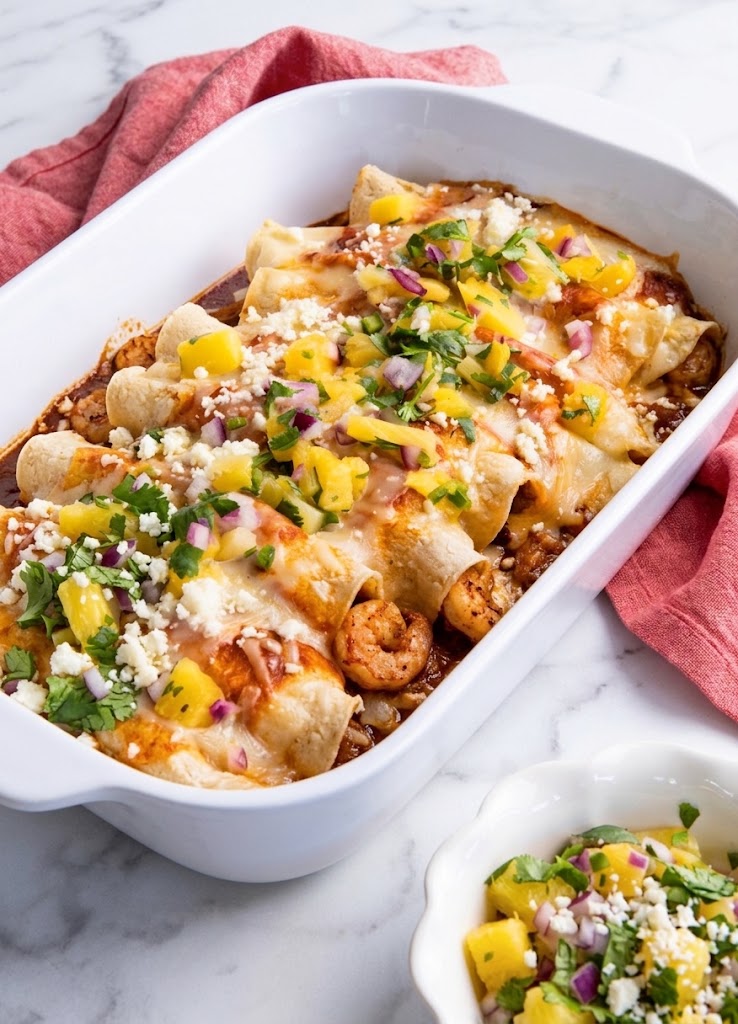 Shrimp Enchiladas Roja with Pineapple Salsa