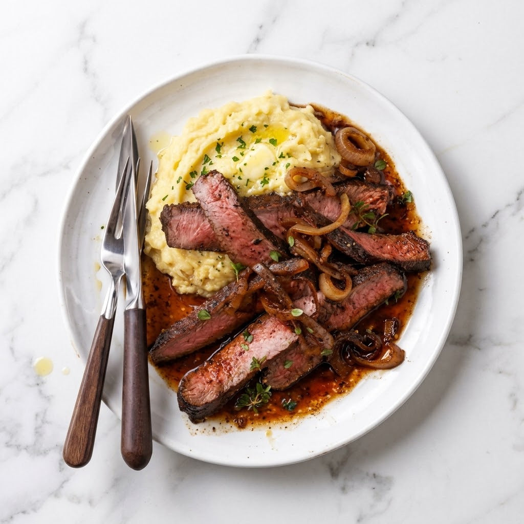 Sirloin Steak with French Onion Gravy and Golden Mashed Potatoes