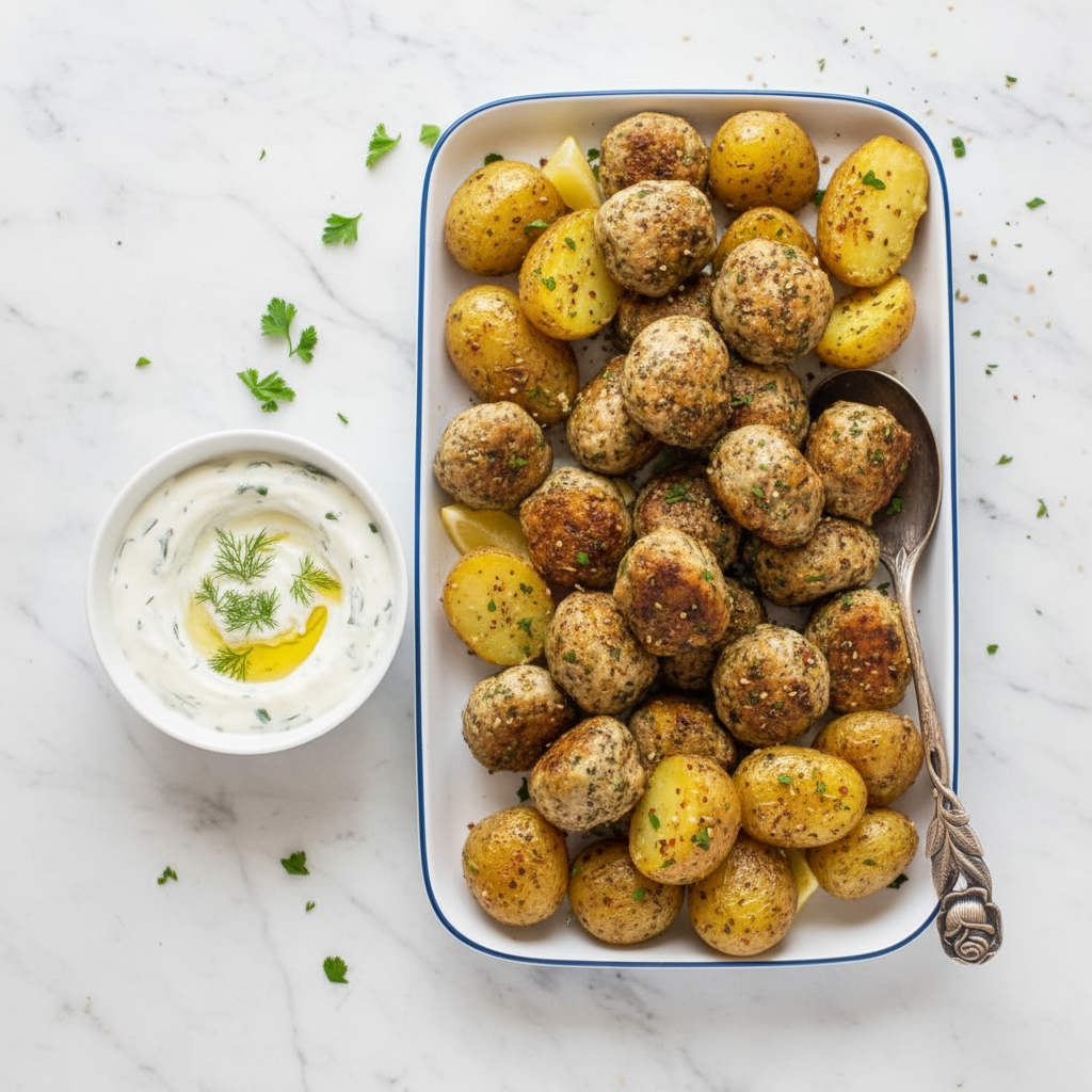 Za'atar Chicken Meatballs and Lemon Baby Potatoes
