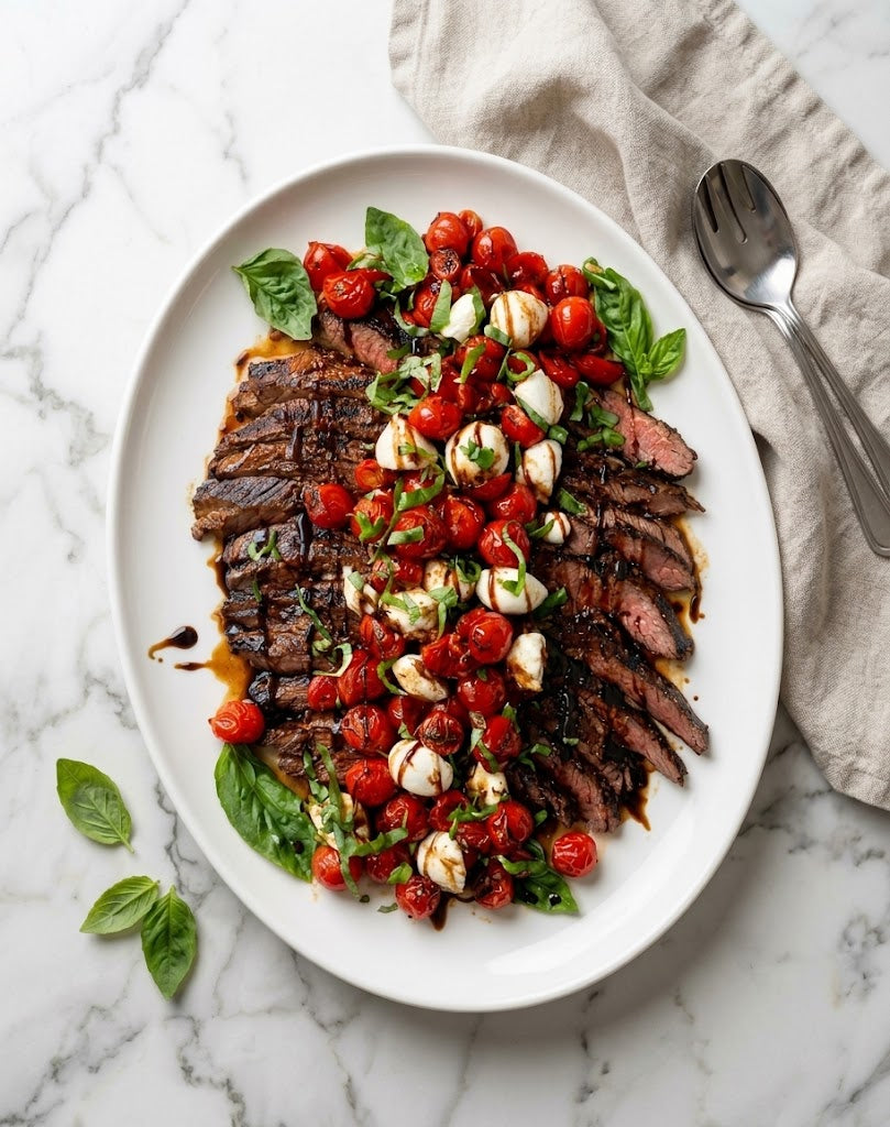 Blistered Tomato Basil Bruschetta with Balsamic Skirt Steak