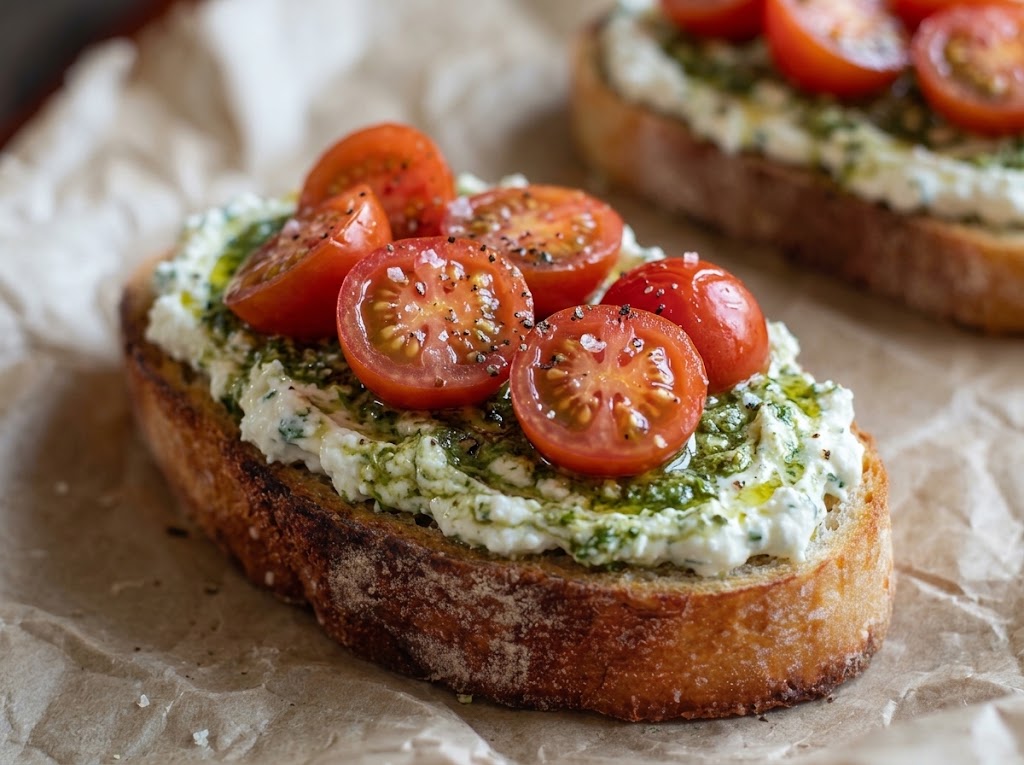 Basil Pesto with Fresh Tomato Crostini
