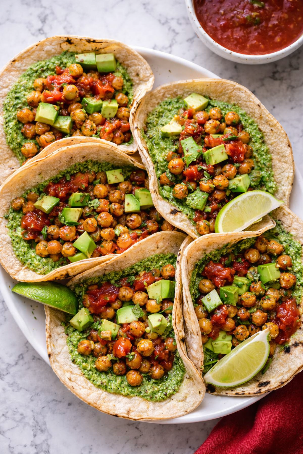 Spiced Chickpea Tacos with Cilantro Pesto and Avocado