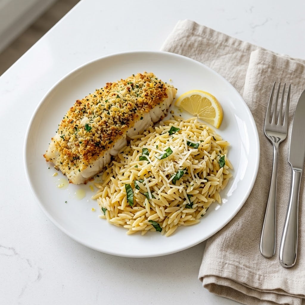 Herb Crusted Cod with Lemon Basil Parmesan Orzo