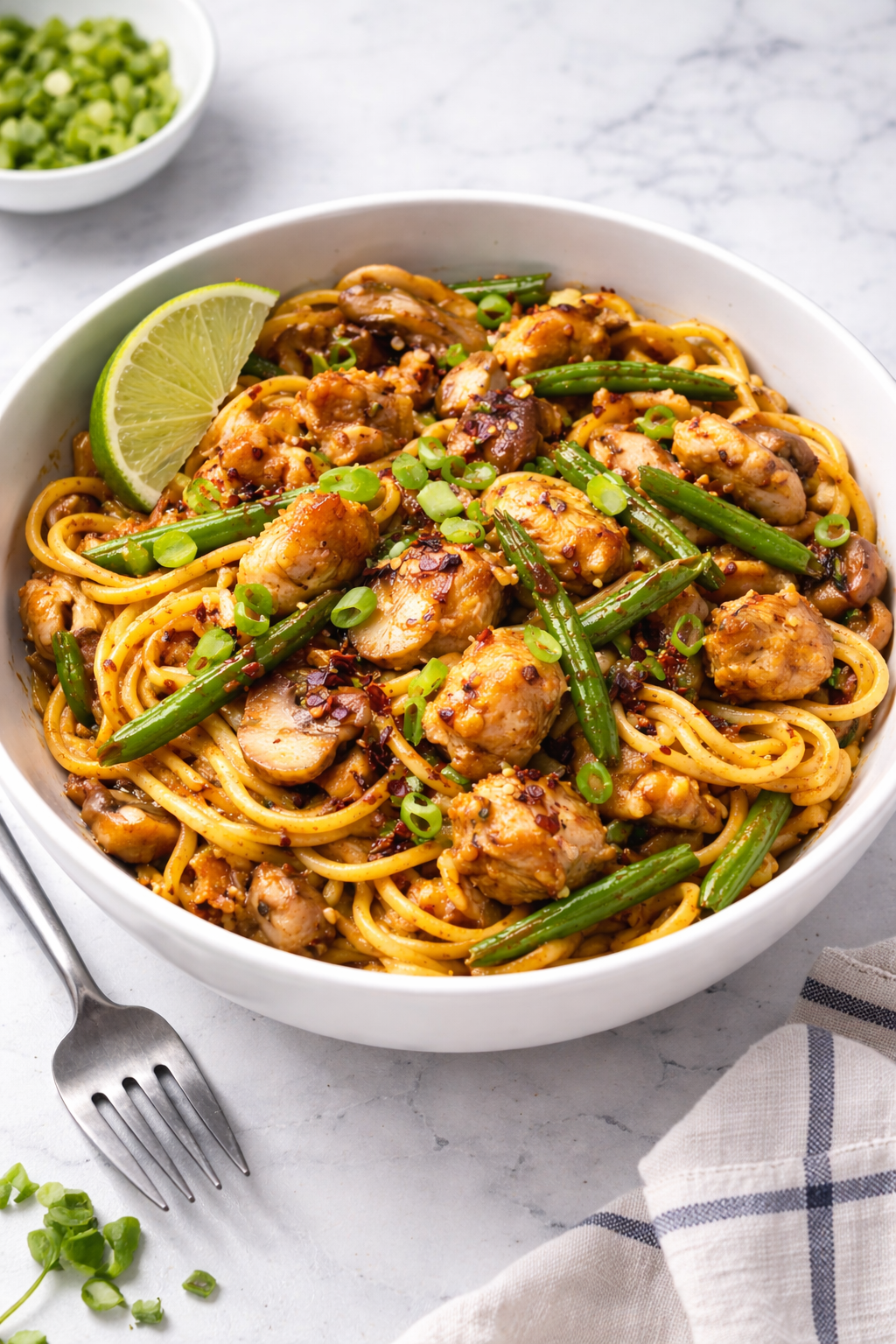 Lo-Mein with Green Beans and Mushrooms (choice of protein)