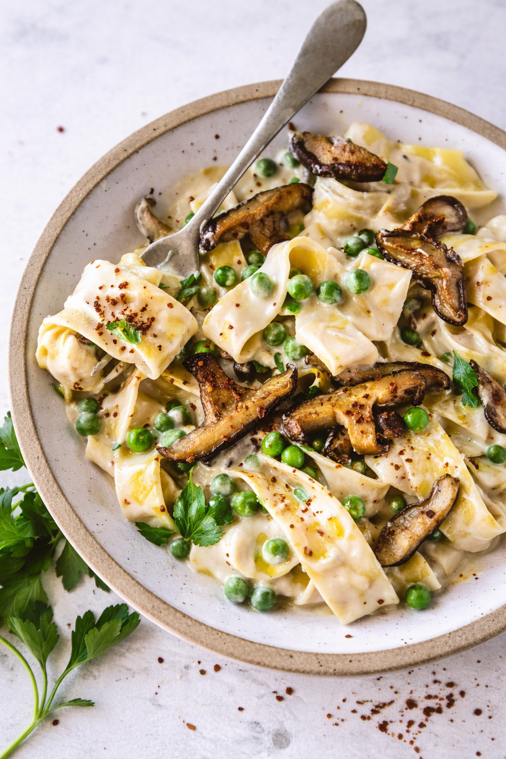 Vegan Mushroom and Pea Alfredo