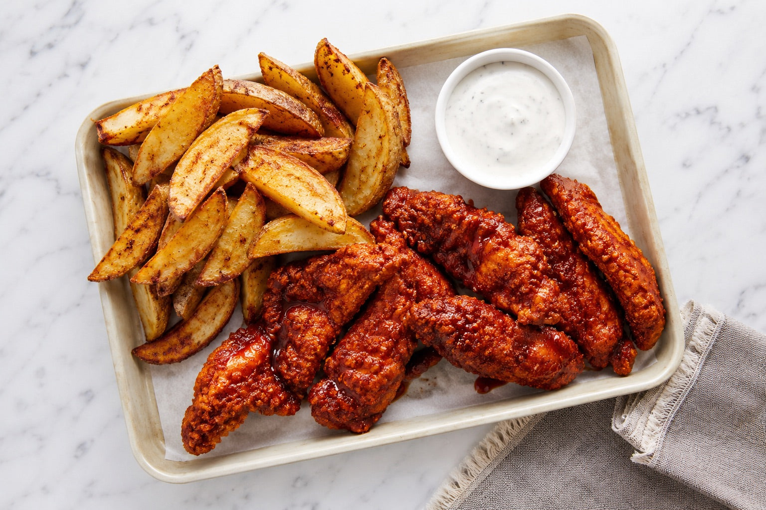 Nashville Hot Chicken Tenders with Potato Wedges