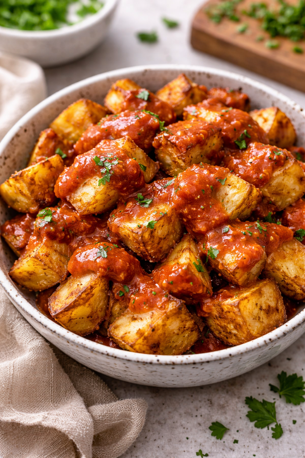Crispy Patatas Bravas with Smoky Bravas Sauce (Spanish Potatoes)