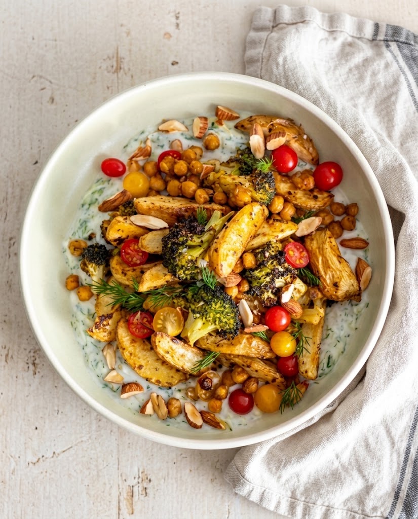 Mediterranean Spiced Roast Potato and Chickpea Tzatziki Bowl