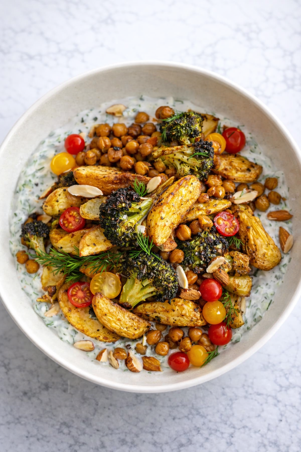 Mediterranean Spiced Roast Potato and Chickpea Tzatziki Bowl