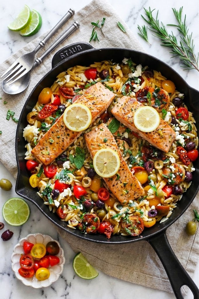 Salmon Orzo with Greek Vegetables and Feta