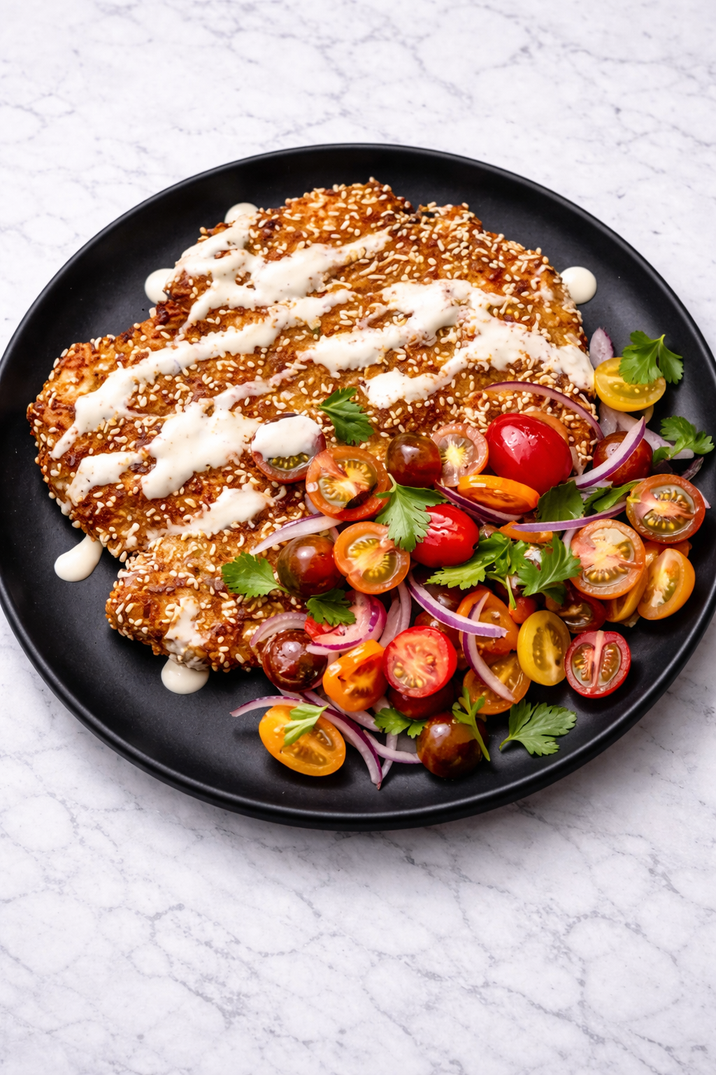 Sesame Chicken Cutlets with Fresh Tomato Salad