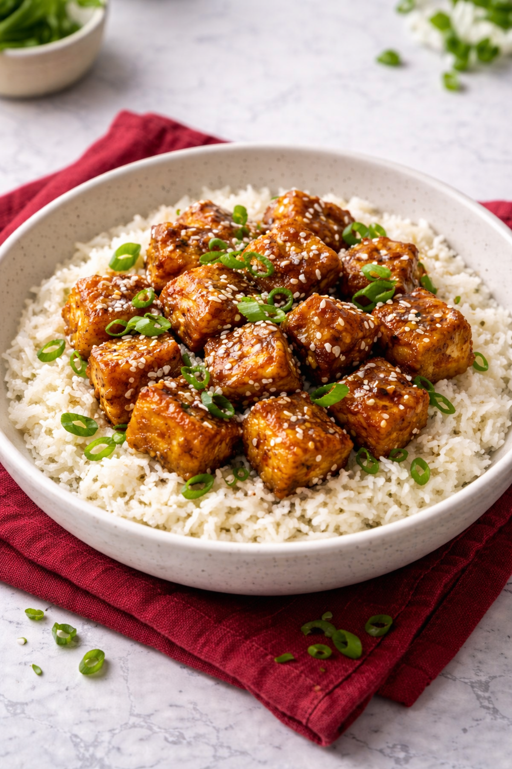 Sticky Sesame Tofu with Jasmine Rice