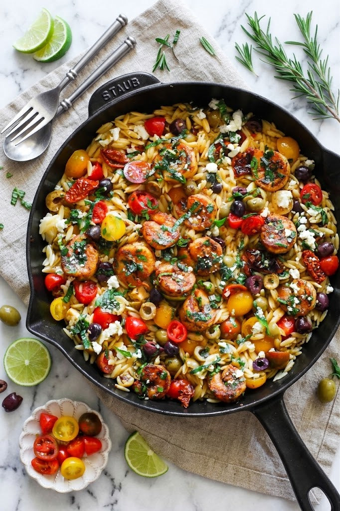 Shrimp Orzo with Greek Vegetables and Feta