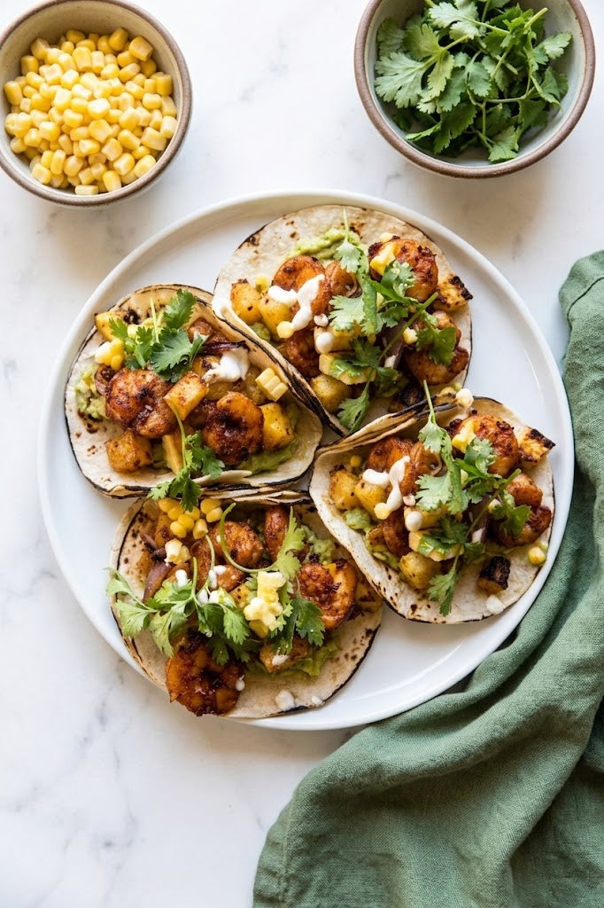 Shrimp Tacos with Creamy Jalapeño Sauce and Corn Salsa