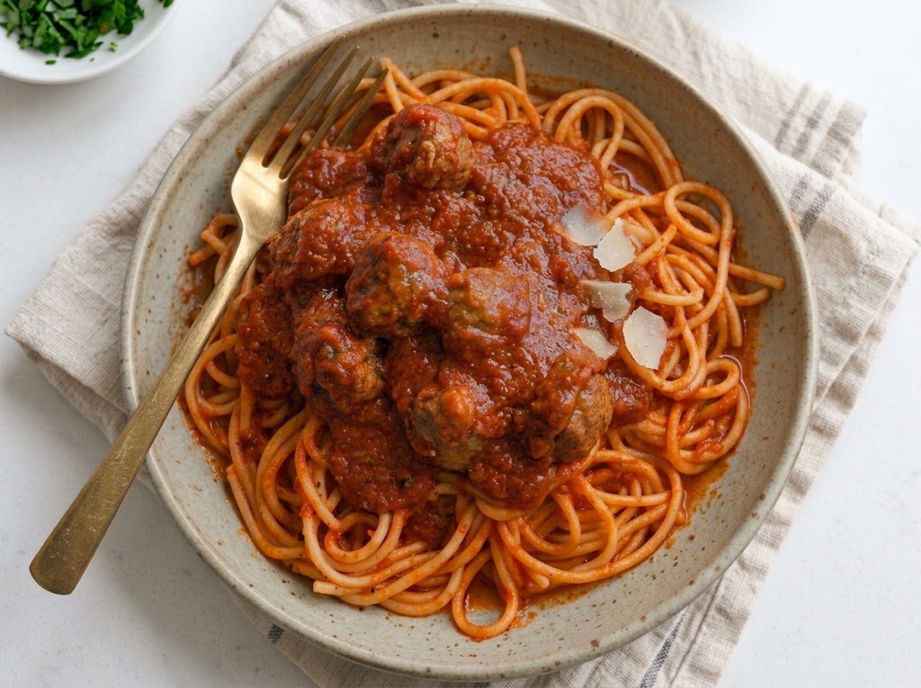 Spaghetti & Meatballs with Garlic Bread