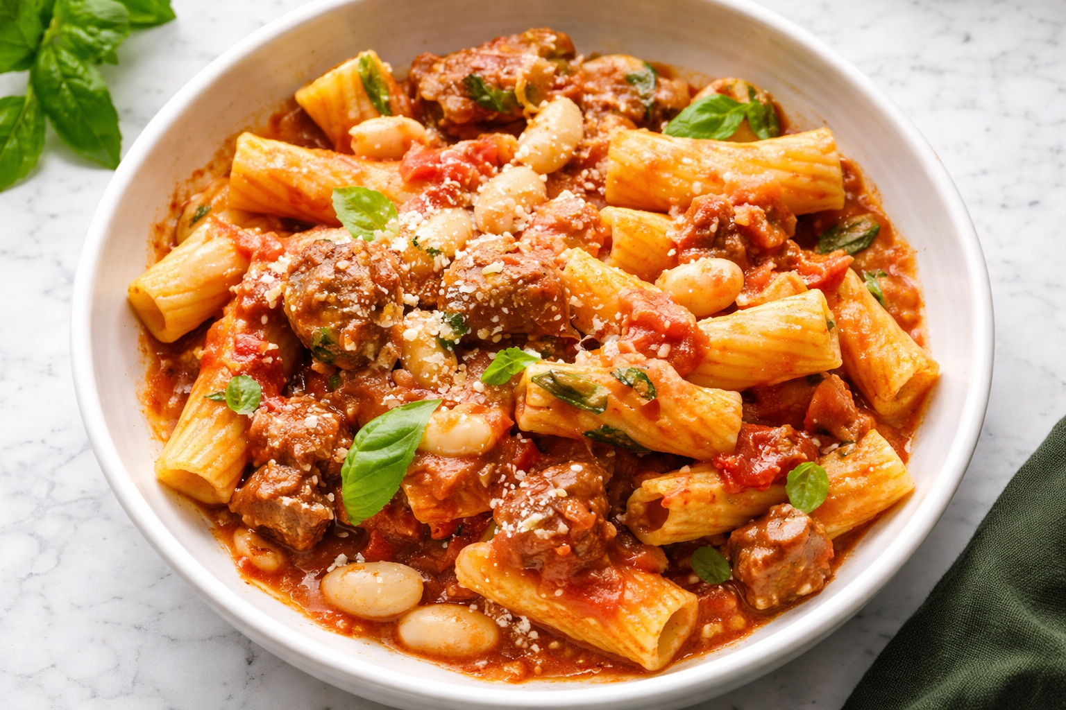 Rigatoni with Spicy Sausage and Cannellini Beans