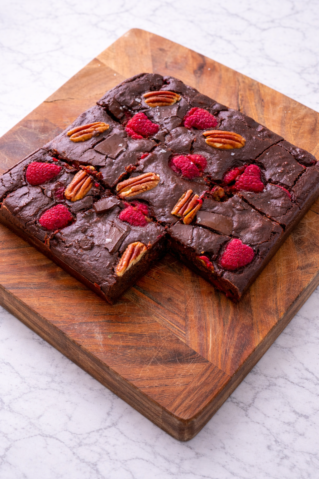 Sweet Potato Chocolate Brownies with Pecans and Raspberries