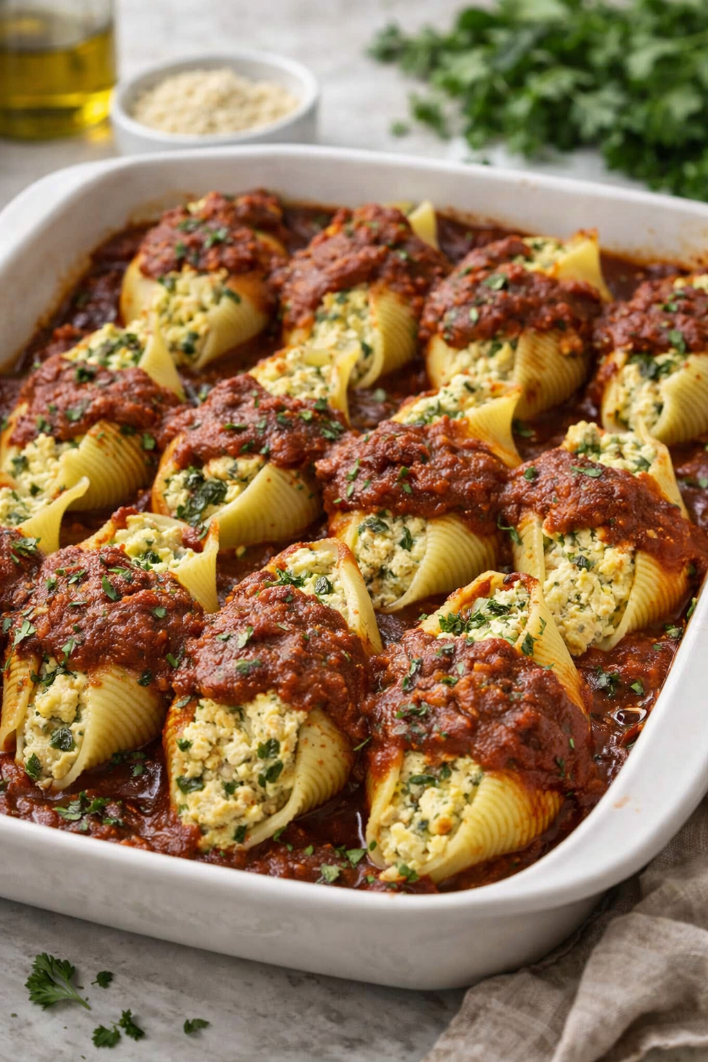 Vegan Herb Ricotta Stuffed Shells Pasta with Basil Marinara