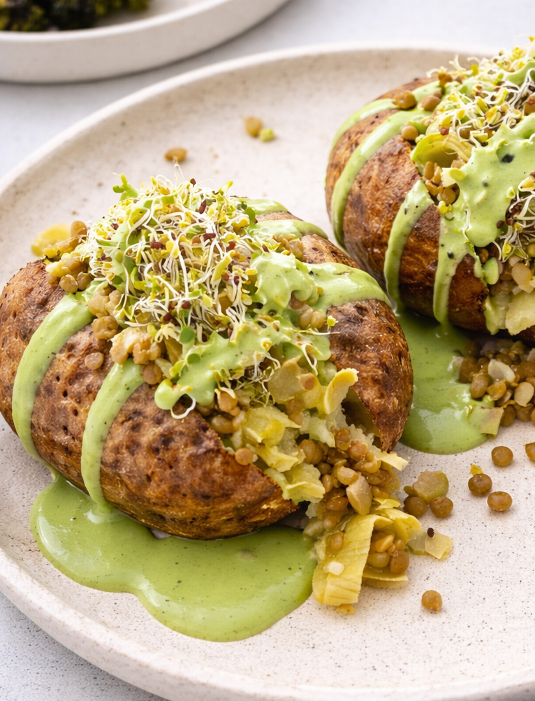 Leek, Artichoke and Lentil Stuffed Baked Potato with Basil Lemon Green Dressing